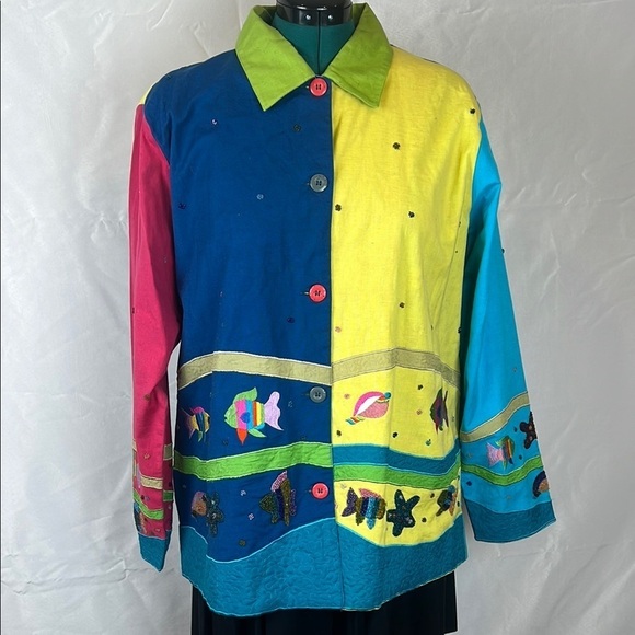 Quacker Factory Colorful Fish Sea Life Embroidered Jacket Teacher Art Cardigan - Picture 1 of 16